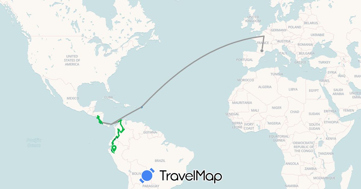 TravelMap itinerary: driving, bus, plane, cycling, hiking, boat, motorbike in Netherlands Antilles, Saint Barthélemy, Colombia, Costa Rica, Ecuador, France, Nicaragua, Panama, Peru (Europe, North America, South America)